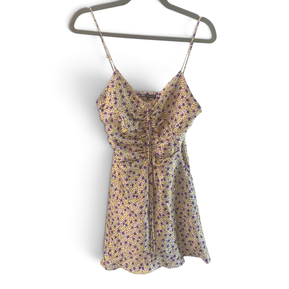 Zara Floral Ruched Mini Dress Purple Yellow Satin V-Neck Small
